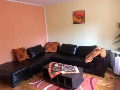 a living room with a black leather couch at Tanja apartman in Jagodina