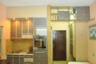 a kitchen with a refrigerator and a stove top oven at Eco Kop in Kopaonik