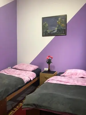 two beds in a room with purple walls and a vase of flowers at Swiss Hostel in Kruševac