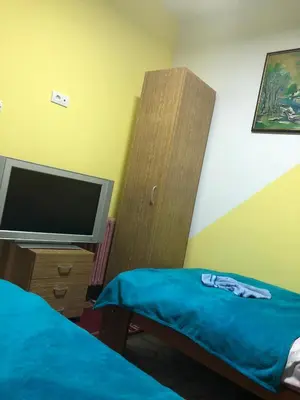 a room with a tv and a bed and a tvicterictericter at Swiss Hostel in Kruševac