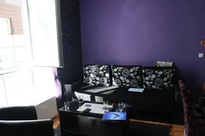 a living room with a black couch and a table at Lila Apartman u Kraljevim Čardacima in Kopaonik