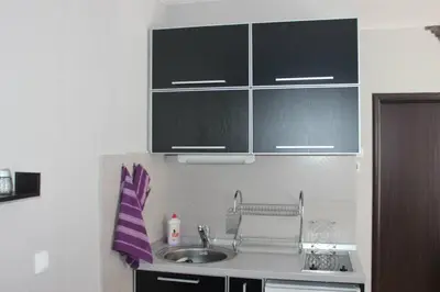 a small kitchen with a sink and cabinets at Lila Apartman u Kraljevim Čardacima in Kopaonik