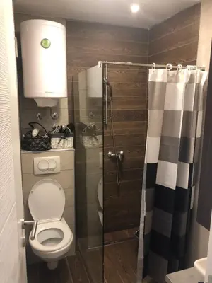 a small bathroom with a toilet and a shower at Milmari Resort - Apartman L43 in Kopaonik