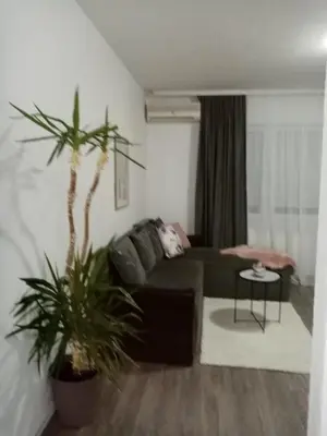 a living room with a green couch and a plant at Apartman Aleksic in Jagodina