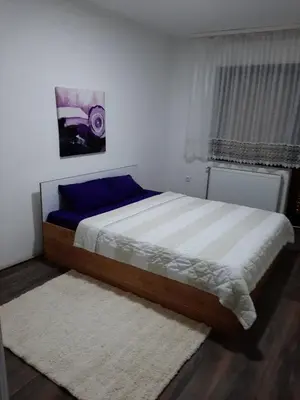a bedroom with a bed and a painting on the wall at Apartman Aleksic in Jagodina