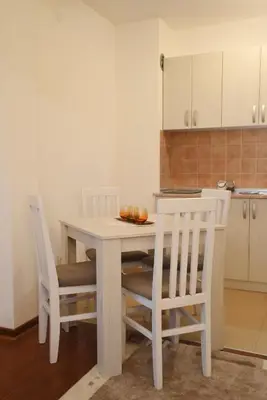 a kitchen with a table and two chairs and a table andktop at Apartman Nensy in Vrnjačka Banja