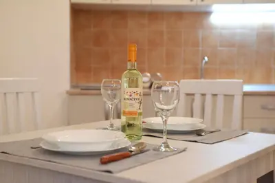 a bottle of wine sitting on a table with two glasses at Apartman Nensy in Vrnjačka Banja