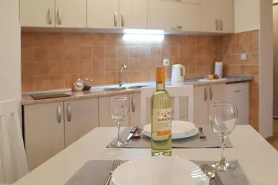 a bottle of wine sitting on a table with two glasses at Apartman Nensy in Vrnjačka Banja