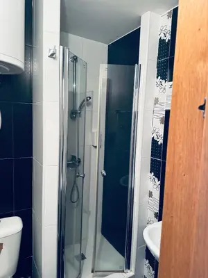 a bathroom with a glass shower with a toilet at Apartman Masa Kopaonik in Kopaonik