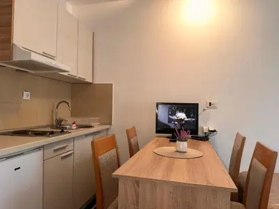 a kitchen with a wooden table with chairs and a television at Apartman Masa Kopaonik in Kopaonik