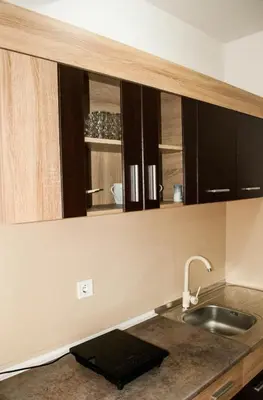a kitchen with wooden cabinets and a sink at Apartman Soko in Soko Banja