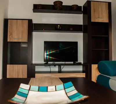 a living room with a tv and a table at Apartman Soko in Soko Banja