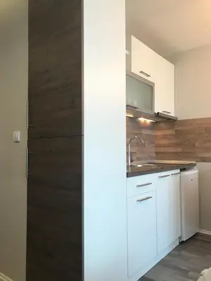a kitchen with white cabinets and a wooden door at Premier 24 Milmari Kopaonik in Kopaonik