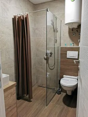 a bathroom with a glass shower with a toilet at Šilja Kopaonik S45 Milmari in Kopaonik