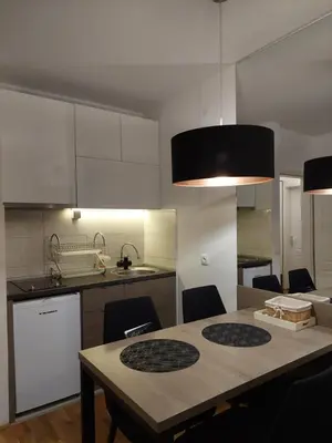a kitchen and dining room with a table and chairs at Amor in Vrnjačka Banja