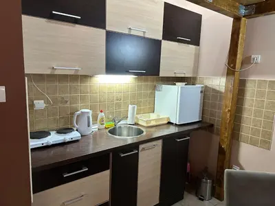 a small kitchen with a sink and a microwave at Apartman Planinski raj in Kopaonik