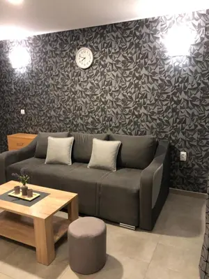 a living room with a couch and a clock on a wall at Aphrodite Hills Apartments-Stara Planina in Crni Vrh