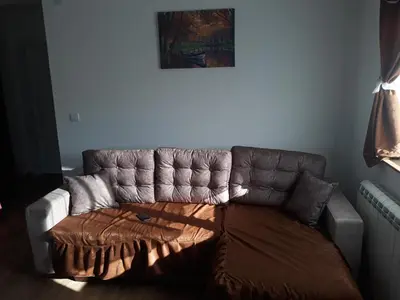a couch sitting in a living room next to a wall at Iznad Oblaka1 Apartment PA-JO in Kopaonik