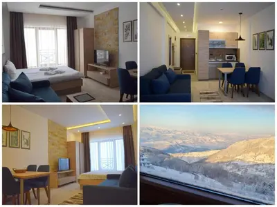 a collage of three pictures of a living room and a bedroom at Apartment S&A Milmari Resort S43 in Kopaonik