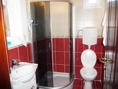 a bathroom with a toilet and a sink and a shower at Sobe Rooms Aleksandar in Niš