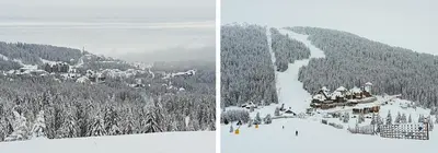 two pictures of a ski resort in the snow at Sunrise apartmani in Kopaonik