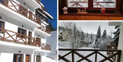 a collage of photos of a building in the snow at Sunrise apartmani in Kopaonik