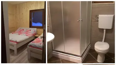 two pictures of a bathroom with a toilet and a shower at Sunrise apartmani in Kopaonik