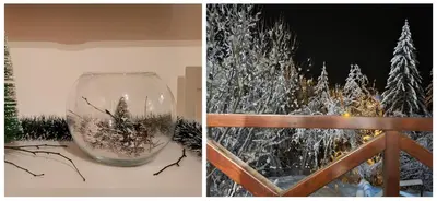 a glass vase with snow on it next to a christmas tree at Sunrise apartmani in Kopaonik