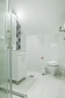a bathroom with a toilet and a glass shower at Fine Suites in Niš