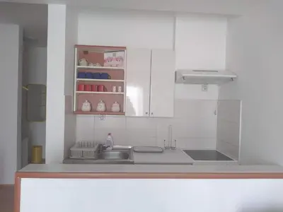 a kitchen with a sink and a counter top at Sky Apartman in Soko Banja