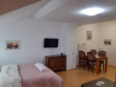 a bedroom with a bed and a table and a tv at Sky Apartman in Soko Banja