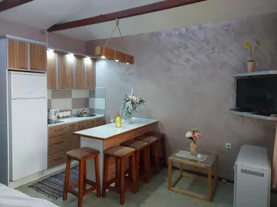 a kitchen with a table and some chairs and a refrigerator at Apartmani Neca in Vrnjačka Banja