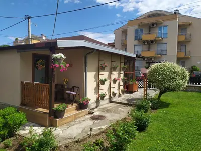 a house with potted plants on the front yard at Apartmani Neca in Vrnjačka Banja