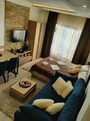 a bedroom with a bed and a blue couch at Kop Milmari P32 in Kopaonik