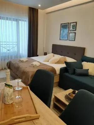 a bedroom with two beds and a table and a couch at Kop Milmari P32 in Kopaonik