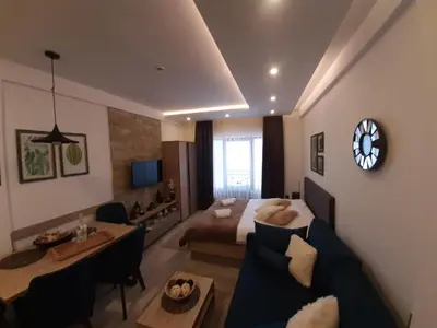 a hotel room with a bed and a living room at Kop Milmari P32 in Kopaonik