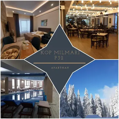 a collage of photos of a living room and a restaurant at Kop Milmari P32 in Kopaonik
