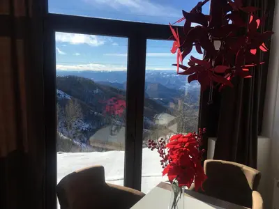 a window with a view of a snowy mountain at Dvori E11 Hilltop in Kopaonik