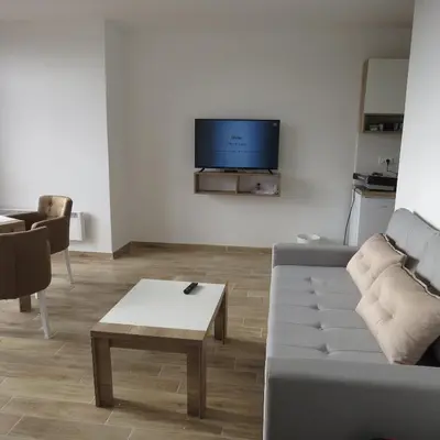 a living room with a couch and a tv at Dvori E11 Hilltop in Kopaonik