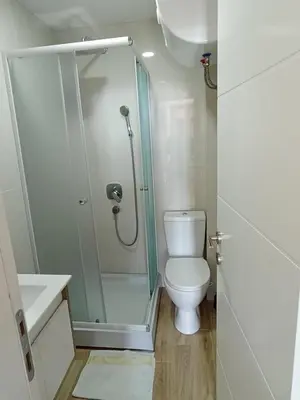 a small bathroom with a shower and a toilet at Dvori E11 Hilltop in Kopaonik