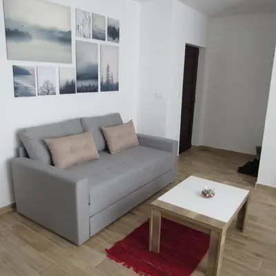 a living room with a couch and a table at Dvori E11 Hilltop in Kopaonik