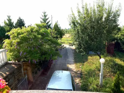 a view of a garden with a bench and trees at Apartmani Ćosić in Kuršumlija