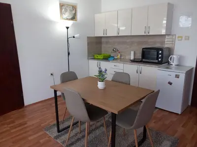 a small kitchen with a wooden table and chairs at Apartmani Ćosić in Kuršumlija