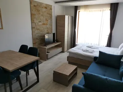 a bedroom with a bed and a table and a tv at L18 apartment Milmari in Kopaonik