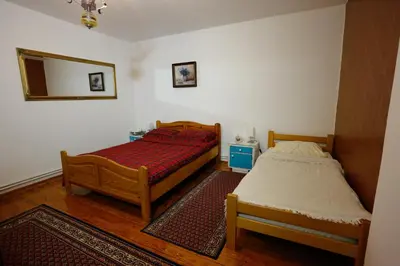 a bedroom with two beds and a mirror on the wall at Apartman Carpe Diem in Zaječar