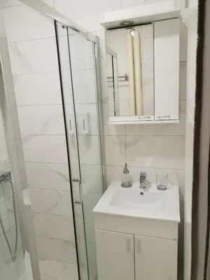 a bathroom with a white sink and a shower at Apartman Jankulovski in Kraljevo