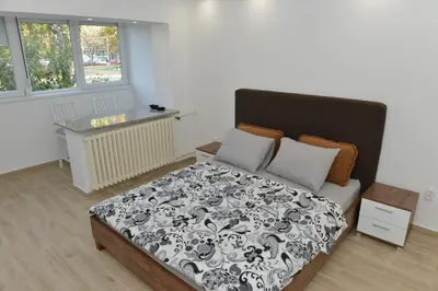a bedroom with a bed with a black and white comforter at Apartman Jankulovski in Kraljevo