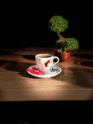a cup of coffee on a plate on a table at Prenoćište Binta in Vranje