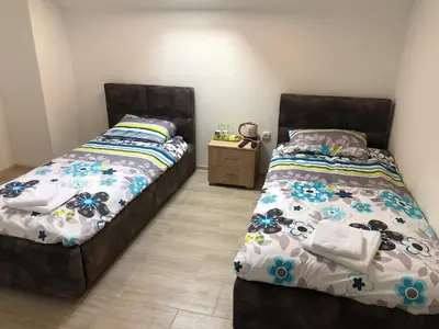 two beds sitting next to each other in a bedroom at Prenoćište Binta in Vranje