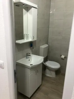 a bathroom with a toilet and a sink and a mirror at Prenoćište Binta in Vranje